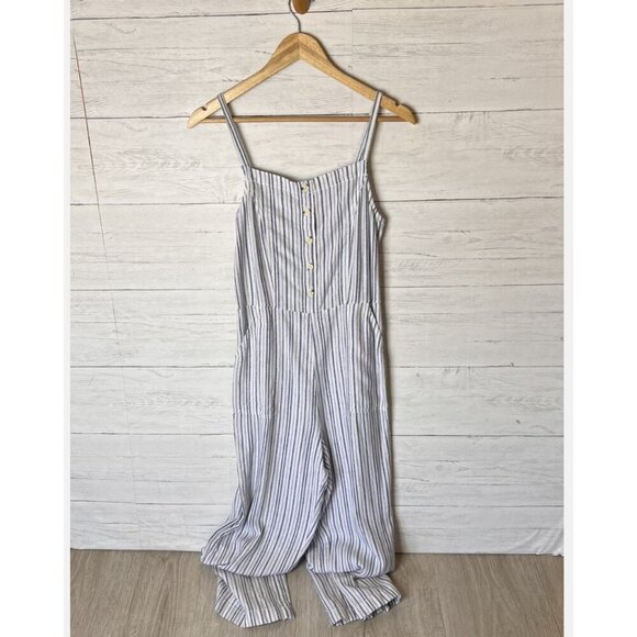 Old Navy Jumpsuit Womens SZ Small Blue & White Linen Blend Pockets Buttons Beach - Picture 4 of 15